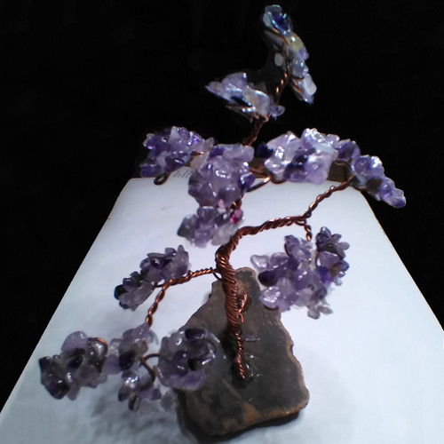 Amethyst Crystal Gemstone Tree | 150mm. Natural Amethyst crystals, Copper wire tree trunk and limbs with a Petrified Wood base